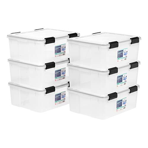 Image of IRIS USA WeatherPro 31 Qt Storage Bins with Lids, 6 Pack, BPA-Free Plastic Gasket Box with Tight Latch and Seal, Stackable Nestable Tote Tub - Clear /Black