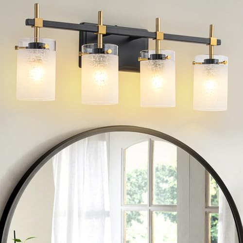 Image of 4-Light Modern Bathroom Vanity Light,Black and Gold Light Fixtures for Bathroom,Modern Wall Light Over Mirror with White Linen Frosted Glass E26 Socket (Bulbs Not Included)