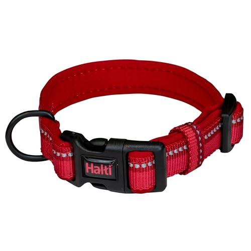 Collar Cómodo para Perros HALTI – Banda ajustable con Forro de neopreno y Tejido Reflectante 3M. Nailon de primera calidad. Ligero e Ideal para perros medianos (Talla M, Rojo)