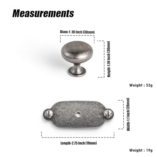 Image of Goo-Ki Antique Sliver Zinc Alloy Cabinet Knob with Backplate - Single Hole Center Cabinet Pull Hardware for Bedroom, Kitchen, 2 Pack(8611-G013)
