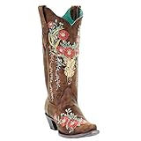 Corral Boots Women's A3652 13' Deer Skull Snip Toe Handmade Pull-On Overlay and Floral Embroidered Leather Western Boot, Tan, 6.5
