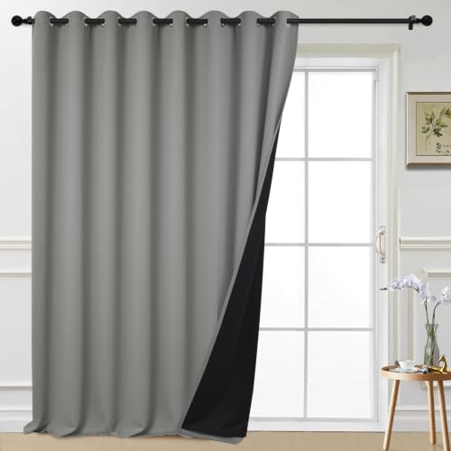 Image of Yakamok Dove Grey Blackout Patio Door Curtain Panels W100 x L108,1 Panel | Noise Reducing Barrier Panel for Sliding Glass Door, 2 Thick Layers Heat Full Light Blocking Patio Door Drapery
