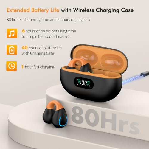 Image of Paekole Open Ear Earbuds 2026 Clip On Earbuds Open Ear Headphones, Premium Bluetooth, Hi‑Res Audio, Long‑Lasting 80H Playtime, Clip‑On Earbuds for Daily & Sports Workout, Black‑Orange