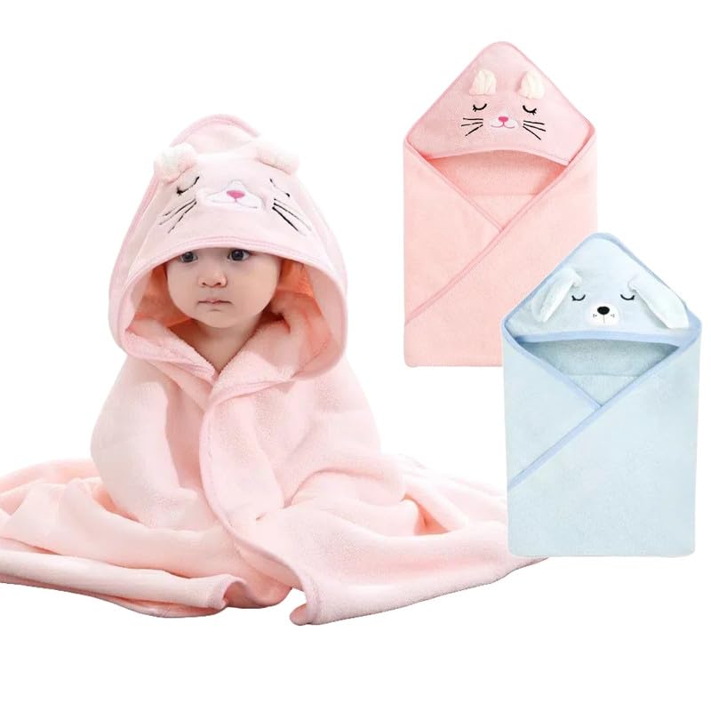 HAGOT 2PCS Kapuzenhandtuch für Babys, 80x80 cm, Baby Bath Towel, Babybadetuch aus Korallenvliesfür, Babys Neugeborene, Blau + Rosa