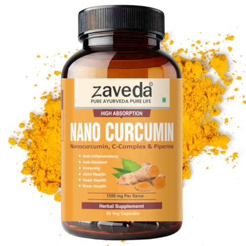 ZAVEDA Nano Curcumin Plus 1500mg | Pure Nano Curcumin with Biopiperine | Advanced absorption formula| Ayurvedic Antioxidant & Anti-inflammatory - Skin, Heart | Joint Support | C Complex | Veg Caps 60