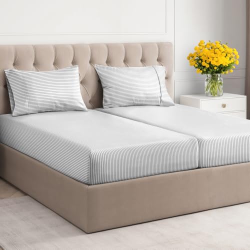 Image of Split King 5 Piece Striped Sheet Set - Breathable & Cooling - Fine Lines | 1 Flat, 2 Fitted & 2 Pillowcases w / Deep Pockets, Luxury Striped Bedding, Soft, Breathable & Cooling, Wrinkle & Fade Free