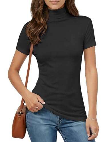Cuptacc Tshirt Damen Kurzarm Rollkragen T-Shirt Basic Elegant Weich Und Geschmeidig Pullover Damen Frühling Einfarbig Slim Fit Oberteile Schwarz M Mittel