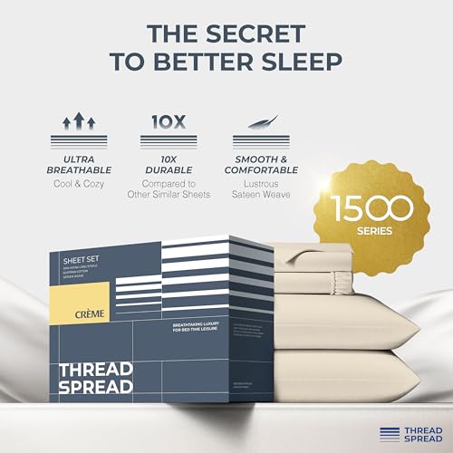 Image of THREAD SPREAD 100% Egyptian Cotton King Size Sheets Set - Luxury 1500 Series Egyptian Cotton Sheets King Size, 17 inch Deep Pocket, Soft, Cooling Sateen Weave Hotel Quality Bedding Set - Beige