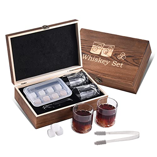 EooCoo Juego de Regalo de Whisky Mármol Piedras, Whisky Caja de Madera con 2 Vasos + 8 Reutilizables Cubitos de Hielo, Regalos para Hombres o Mujeres Cover