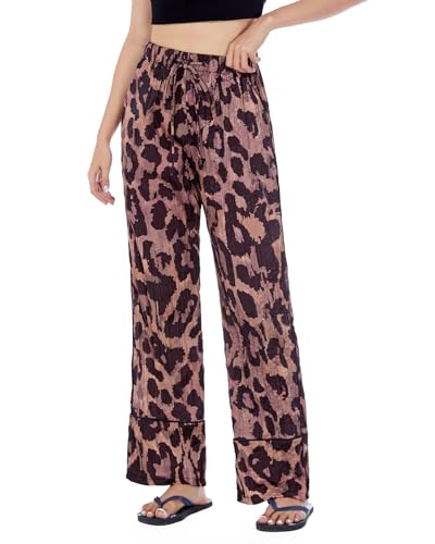 Ladyful Women's Leopard Print Satin Palazzo Pants Wide Leg Elastic Waisted Cheetah Palazzo Going Out Pant Trouser3