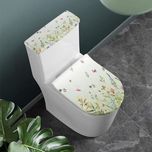 NETILGEN Toilet Seat Lid Cover Pack of 2, for Bathroom Home Indoor Decor, Toilet Tank Lid Cover Replacement with Stretch Edges Fits for Most Toilet Tanks & Lids, Floral Green