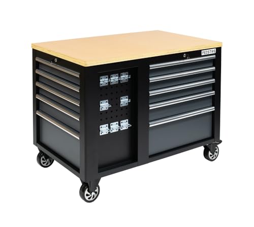 FEISTOS Werkbank Hektor | Mobile Werkbank mit zentralverriegelten Schubladen | Werkzeugwagen mit 500 kg Traglast | Multiplex Arbeitsplatte | Schwarz |...