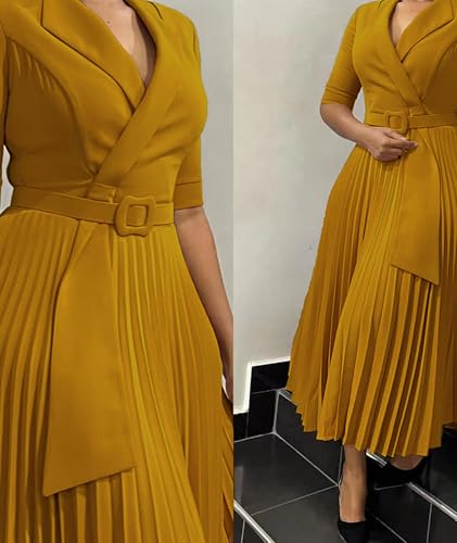 Image of SOMTHRON Women's Elegant 3 /4 Sleeve Blazer Dress V Neck Lapel Pleated Business Work Swing Midi Dress with Belt