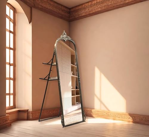 Image of Full Length Mirror with Ornate Frame Tall Standing Floor Mirror for Bedroom, Dressing Room & Living Room (Vintage Brass (with Stand))