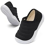 QFH Adorable Toddler Fall Shoes Boys Girls Indoor Slip On Sneakers Winter Warm House Shoes Soft Lining Adjustable Barefoot First Walking Shoe Black Size 6