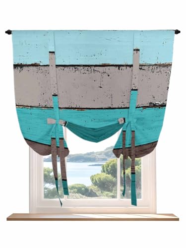 Tie Up Curtains for Windows Aqua Wooden Roman Shade 42 x 54 Inch Bathroom Curtains Window Grey Stripe Gradient Country Rustic Grain Rod Pocket Short Balloon Curtains for Living Room Kitchen Blinds