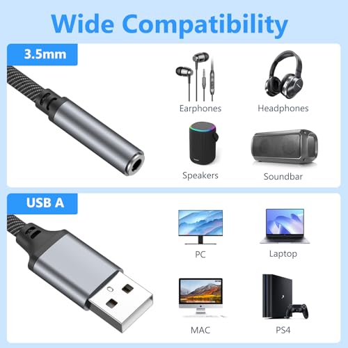 Image of Tobfit USB to 3.5mm Headphone Adapter, USB A to Aux Jack Audio Adapter Cable Cord for PS5 PS4 PC Windows Mac Linux Laptop Desktop and More