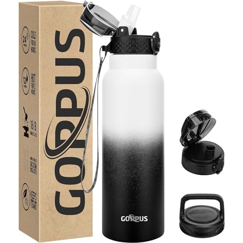 GOPPUS 750ml/26oz Stainless Water Bottle with Straw Double Wall Insulated Bottles with Strap Reusable Vacuum Thermal Flask Leakproof Keep Cold Drinks Bottles with Flip Top Lid for Men Women BPA Free