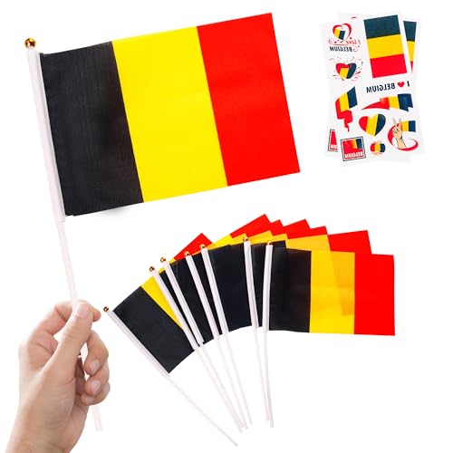 10 Piezas Banderas Pequeñas de Bélgica con Palo & 2 Tatuajes, Mini Bandiera belga de Mano con Varilla para Mundial Fútbol 2026 Fiesta Nacional Olimpiadas Desfile Decoración Adornos Fiesta