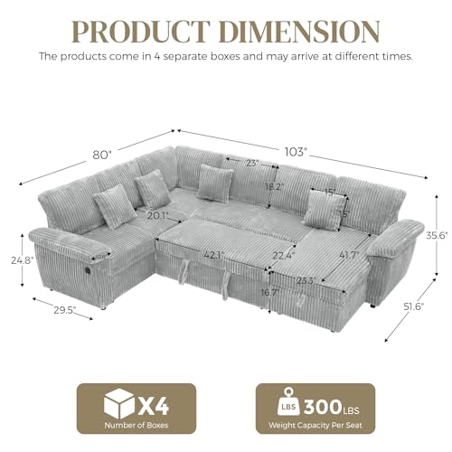 Image of Sectional Sleeper Sofa, Fluffy Soft Corduroy Couch with Pull Out Bed and Storage Chaise, Modern Comfy U Shaped Couch with USB Charger for Living Room, Apartment, Small Spaces, Grey