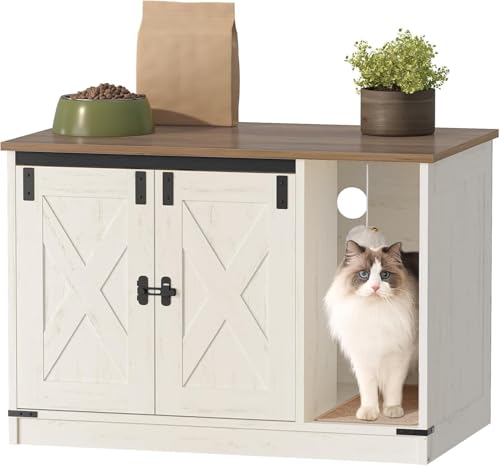 Gogoya Cat Litter Box Enclosure Hidden Litter Box Cabinet Furniture with Bell Indoor Cat House Farmhouse Style 80x50x53cm for Hallway Bedroom (Rustic Brown and White)