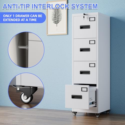 Image of Aobabo 4 Drawer File Cabinet with Lock and Wheels, Metal Vertical Filing Cabinet with Anti-Tilt Interlock System for Home Office, Fits Letter /Legal Size, White,Required Assembly