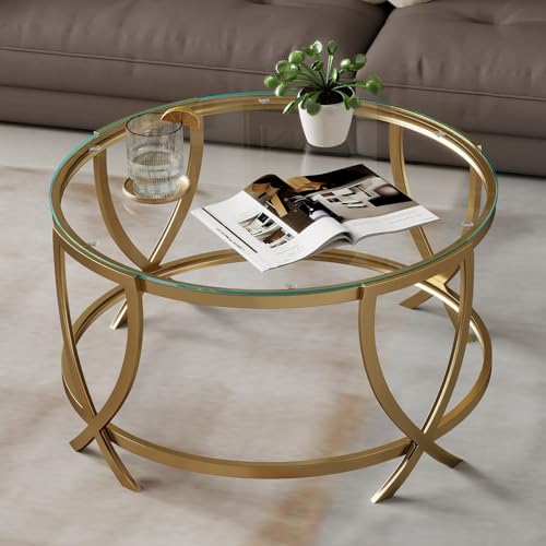 ASYA Round Coffee Table for Living Room, Gold Coffee Table with Tempered Glass & Metal Frame, Modern Glass Living Table for Home&Office - Image 5