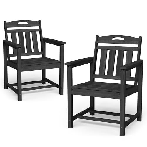 Set of 2 Weatherproof Patio Chairs - HDPE Outdoor Dining Chairs with Wide Seat, Ergonomic Design - for Garden, Backyard, Deck - Black