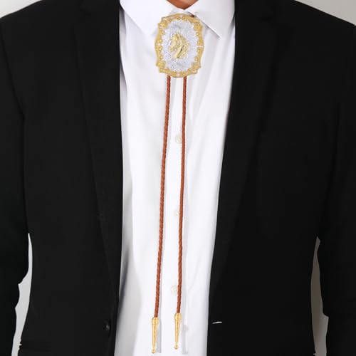 Image of GelConnie Brown Bolo Tie for Men Women Western Ties Mens Gold Bolo Tie Rodeo Cowboy Leather Necktie Cowgirl Tie Wedding