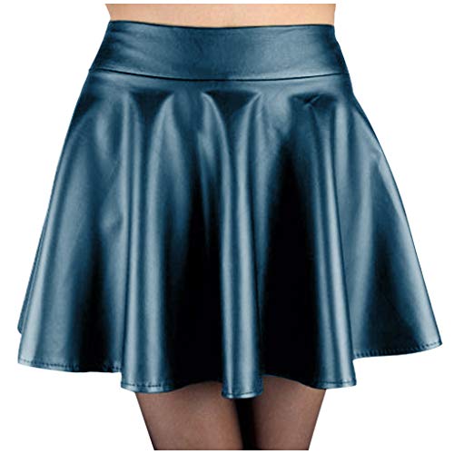 ?COOlCCI?Leather Skirt for Women,Flare Pleated Faux Leather Skater Skirt Stretchy A-Line Circle Mini Skirt Green