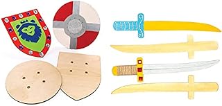Baker Ross AW654 Wooden shields (Pack of 2) Shield with Elastic Handle Perfect Accessory & AC853 Wooden Ninja Swords for Children to Design Paint and Decorate (Pack of 4), 4 Pack