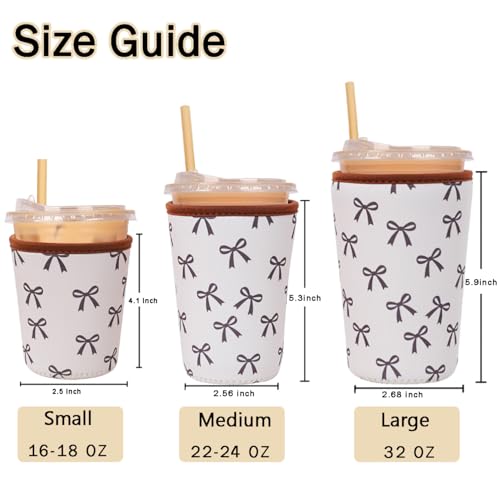 Image of Reusable Insulated Sleeve for Iced Coffee Cup, Coffee Neoprene Sleeve for Cold & Hot Drinks, Beverage Holder for Iced Coffee (Cream Bow, Small: 16-18oz)