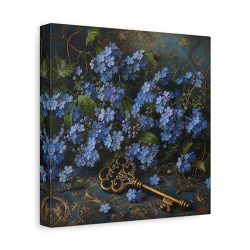 Toile forget-me-nots bleu et or au-dessus de la cheminee deco salon cosy