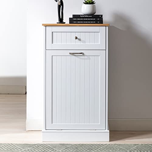 Gitua Trash Cabinet Tilt Out Freestanding, Pet Proof Kitchen Trash Cabinet Laundry Hamper with Cutting Board, Wood Garbage Recycling Station Hideaway Trash Holder Drawers (1, White) - Thumbnail 4