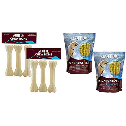 Image of Meat Up Pressed Chew Bones, Dog Treats, 6 inches - Pack of 3 Bones (Buy 1 Get 1 Free)&Munchy Sticks, Chicken Flavour, Dog Treats, 700 g (Buy 1 Get 1 Free), 700 g