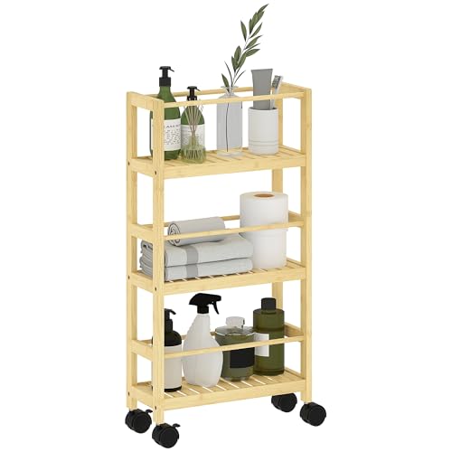 HOMCOM Scaffale per Bagno a 3 Livelli con Ruote, Carrellino in Bambù, Mobiletto Bagno Salvaspazio a Doghe, 36x15x73 cm, Colore Legno