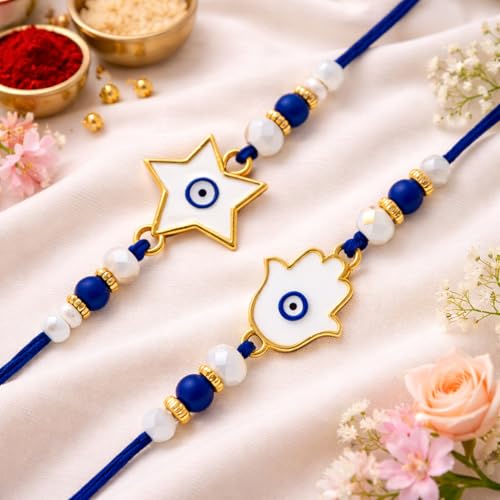Image of Riddhika Ventures Elegant Evil Eye Rakhi for Protection from Negative Energy (Set Of 2) With Roli Chawal And Greeting Card (R1S1)