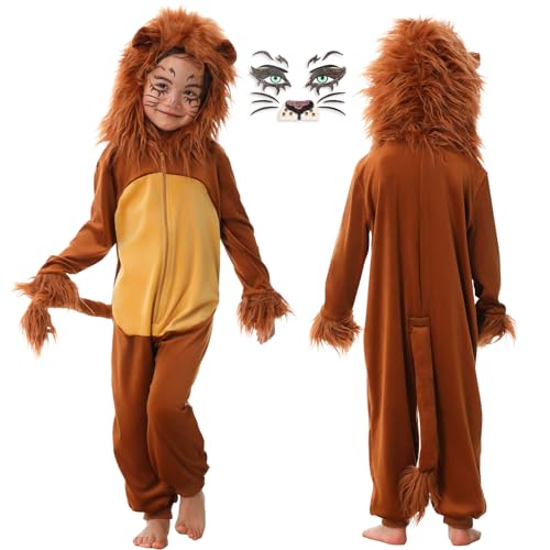 EinZeugnik Karneval Tierkostüm Kinder Löwen Kostüm Braun Löwe Tier Jumpsuit Kleinkind Jungen Mädchen Fasching Löwen Overall Löwen Gesichtstattoo Karneval Cosplay Verkleidung Motto Party