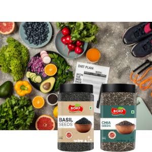 Image of BOKF Basil Seeds (Sabja) + Chia Seeds Combo Pack | Raw Superfoods | Rich in Fiber, Omega-3 & Protein | Ideal for Weight Management, Detox Drinks 300g
