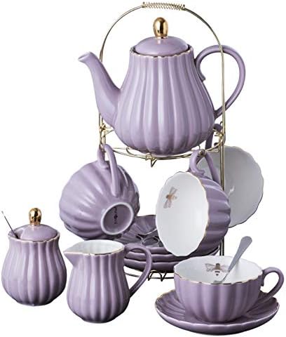 Jusalpha Fine China 8 OZ Purple Coffee Cup/Teacup, Saucer, Spoons, Teapot and Creamer set, 17-Pieces (FD-TW17PC SET, Purple)