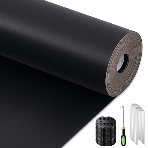 ForraFun 3 x 100 ft Biodegradable Paper Weed Barrier Black Heavy Duty Biodegradable Landscape Fabric with Landscape Staples and Pick Hook Stronger Weed Grass Blocker for Outdoor Garden Lawn
