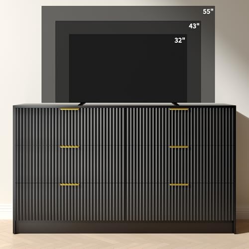 Image of Black Dresser with 6 Deep Drawers, 55 inch Wide Fluted Dresser for Bedroom with Gold Handle, Modern Chest of Drawer for Closet, Bedroom, Living Room, Black