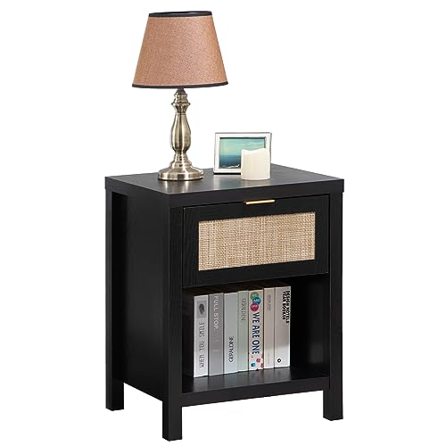 SICOTAS Rattan Nightstand, Farmhouse Night Stands with Drawer, Boho End Side Table for Bedroom, Small Space, Black Oak