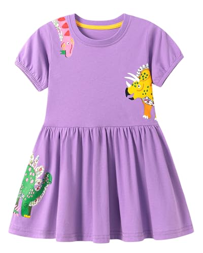 Image of Girls Cotton Long Sleeve Casual Cartoon Appliques Striped Jersey Dresses
