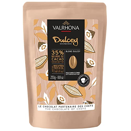 Valrhona Premium French Baking Blonde Chocolate Discs (Feves). Dulcey 35% Cacao. Creamy, Caramel Cookie Flavor Notes. Easy Melt & Tempering. Creamy, Balanced, For Luscious Frostings. 250G (Pack Of 1) #TOP9