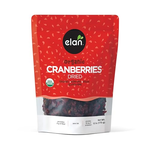 Elan Organic Dried Cranberries, 6.2 oz, Whole Dried Cranberries, No Sulphites, No Fat, Non-GMO, Vegan, Gluten-Free, Kosher, Dried Fruits, Healthy Snacks