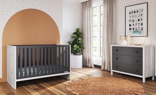 Image of Child Craft Orbit Crib and Dresser Nursery Set, 2-Piece, Includes 3-in-1 Convertible Crib and Horizontal Dresser, Grows with Your Baby (Ebony/Matte White)
