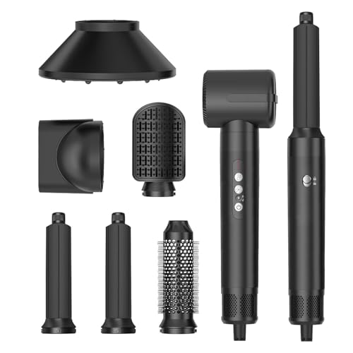 Secador 7 en 1, Secador de Pelo de Iones Negativos de Alta Velocidad 110000 RPM, Moldeador de Pelo Multifuncional con 7 Cabezales Intercambiables para Peinar, Rizar, Dar Volumen y Alisar (Negro)