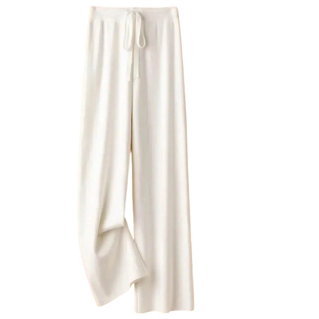 Womens Winter Knitted Wide Leg High Waist Straight Thick Casual Floor Length Trousers Pants Creamy-White Medium