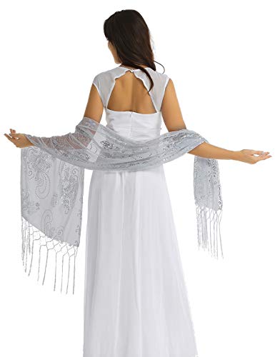 ACSUSS Women's Glittering 1920s Scarf Mesh Sequin Wedding Cape Fringed Evening Shawl Wrap3